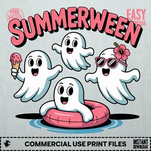 Op de afbeelding: Een digitale afbeelding met het woord "SUMMERWEEN" in roze, met vier cartoongeesten. Eén geest houdt ijs vast, een ander draagt een zonnebril en een bloem, en één drijft in een roze zwemband. De afbeelding bevat de tekst "COMMERCIAL USE PRINT FILES".