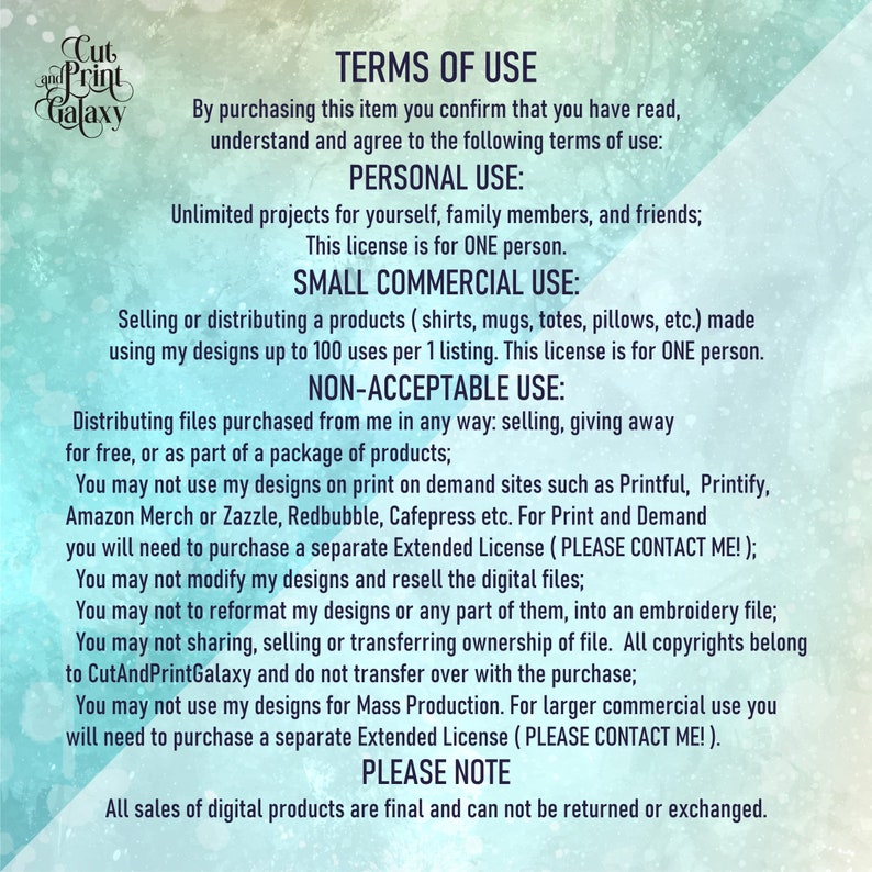 May include: Terms of use for digital products, including personal, small commercial, and non-acceptable use.  This licence is for one person and allows up to 100 uses per listing.  All sales are final and cannot be returned or exchanged.