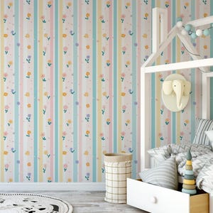 Pastel Floral Striped Wallpaper, Colorful Kids Room Wall Mural, Cute Flower Peel and Stick Wallpaper, Whimsical Nursery Wall Decor