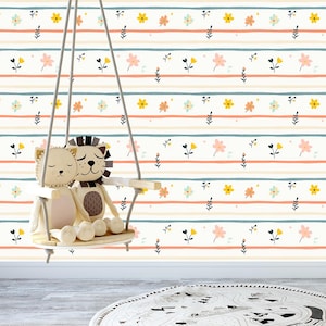 Hand-Drawn Floral Striped Wallpaper, Pastel Kids Room Wall Mural, Boho Flower Peel and Stick Wallpaper, Whimsical Nursery Wall Decor