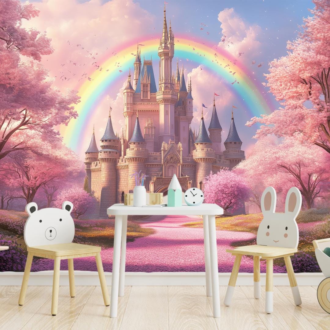 Princess Castle Wall Mural, Fairy Tale Rainbow Wallpaper, Enchanted ...