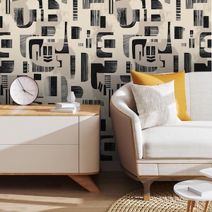Modern Abstract Black and Beige Wallpaper, Geometric Pattern Wall Mural, Minimalist Home Decor, Contemporary Accent Wall,Stylish Room Design