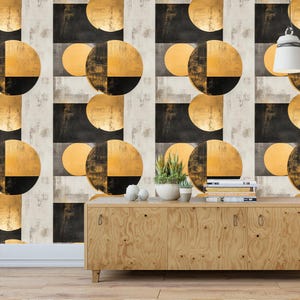 Luxury Black and Gold Geometric Wallpaper, Modern Abstract Circle Pattern, Elegant Metallic Wall Mural, Contemporary Accent Wall,