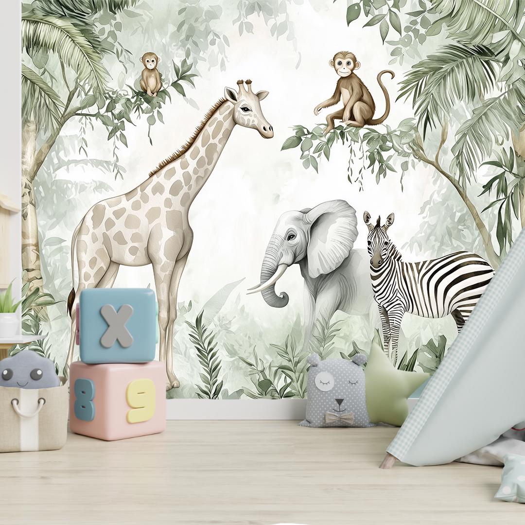 Safari Animal Nursery Wallpaper, Watercolor Jungle Wall Mural, Cute ...