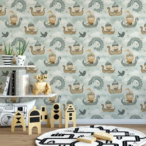Cute Viking Wallpaper, Scandinavian Adventure Wall Mural, Watercolor Viking Ship Peel and Stick Wallpaper, Nordic Nursery Kids Room Decor