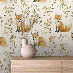 Watercolor Fox Wallpaper, Woodland Animal Wall Mural, Nature-Inspired Peel and Stick Wallpaper, Rustic Nursery Kids Room Wall Decor