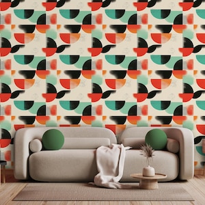 Modern Abstract Geometric Wallpaper, Colorful Mid-Century Wall Mural, Retro Minimalist Home Decor, Bold Accent Wall Art,