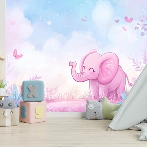 Cute Pink Elephant Nursery Wallpaper, Fantasy Watercolor Wall Mural, Dreamy Pastel Kids Room Decor, Whimsical Safari Accent Wall,