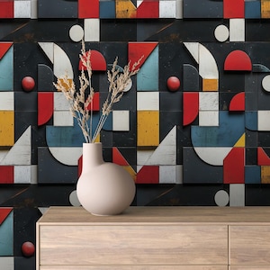 Modern 3D Geometric Wallpaper, Colorful Abstract Wall Mural, Retro Industrial Accent Wall, Bold Mid-Century Home Decor, Unique Design
