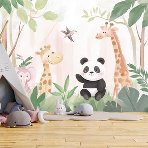 Cute Safari Animal Nursery Wallpaper, Watercolor Jungle Wall Mural, Adorable Panda Giraffe Elephant Decor, Soft Pastel Kids Room Accent Wall