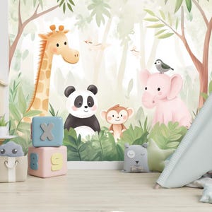 Cute Safari Animal Nursery Wallpaper, Watercolor Jungle Wall Mural, Adorable Giraffe Panda Elephant Decor, Soft Pastel Kids Room Accent Wall