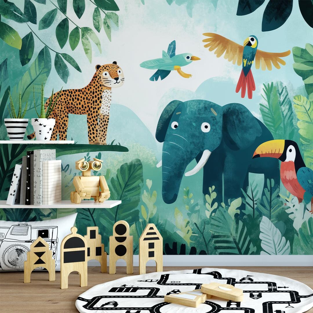 Jungle Safari Animal Nursery Wallpaper, Cute Watercolor Wall Mural ...