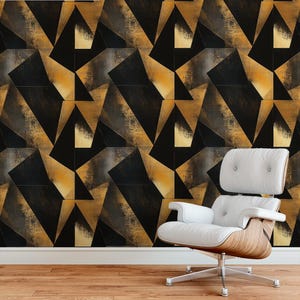 Luxury Black and Gold Geometric Wallpaper, Modern Abstract Wall Mural, Elegant Metallic Accent Wall, Bold Contemporary Home Decor,