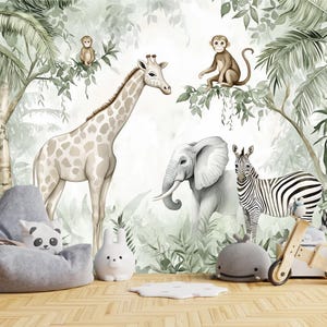 Safari Animal Nursery Wallpaper, Watercolor Jungle Wall Mural, Cute Giraffe Elephant Zebra Decor, Soft Tropical Kids Room Accent Wall,