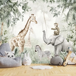 Safari Animal Nursery Wallpaper, Cute Jungle Wall Mural, Watercolor Giraffe Elephant Zebra Decor, Soft Tropical Kids Room Accent Wall,