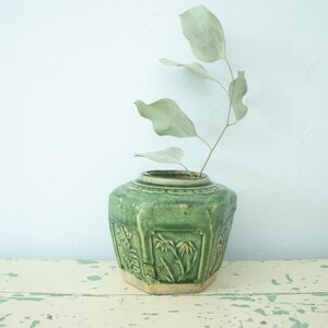 May include: A hexagonal green ceramic vase with a glossy glaze and embossed botanical relief patterns on each side. The vase features a short, wide neck and contains a single thin stem with several pale, dried, light green leaves extending upward.