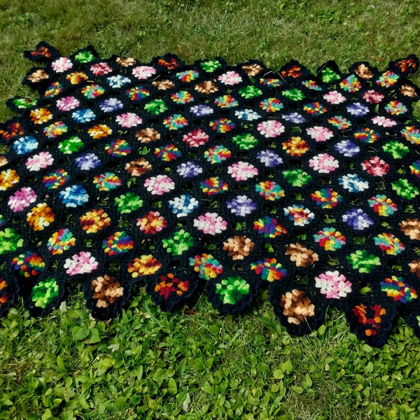 Black Granny Square Afghan Etsy