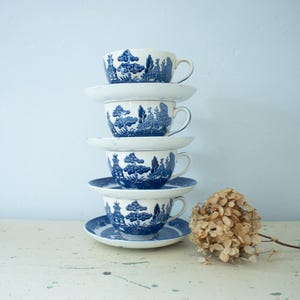 Blue Willow Flow Blue Teacup and Saucer Set England