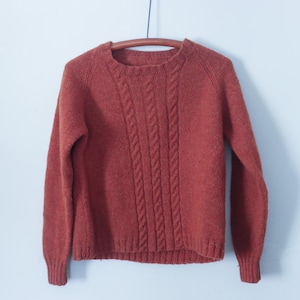 May include: A rust-colored knitted sweater with a cable knit pattern.