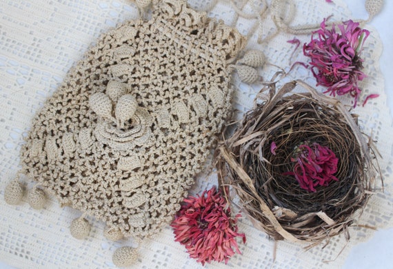 Victorian Crochet Handbag Drawstring Riticule Bag