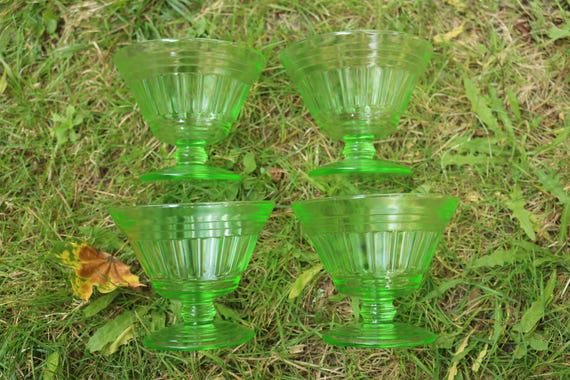 Green Depression Glass Footed Sherbet Glasses x 4