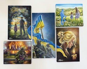 Conjunto de pinturas al óleo originales: temática de la guerra de Ucrania, obra emotiva