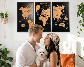 Wooden Push Pin World Map Wall Art Cork Travel Decor for Home & Office Valentine's Day Gifts