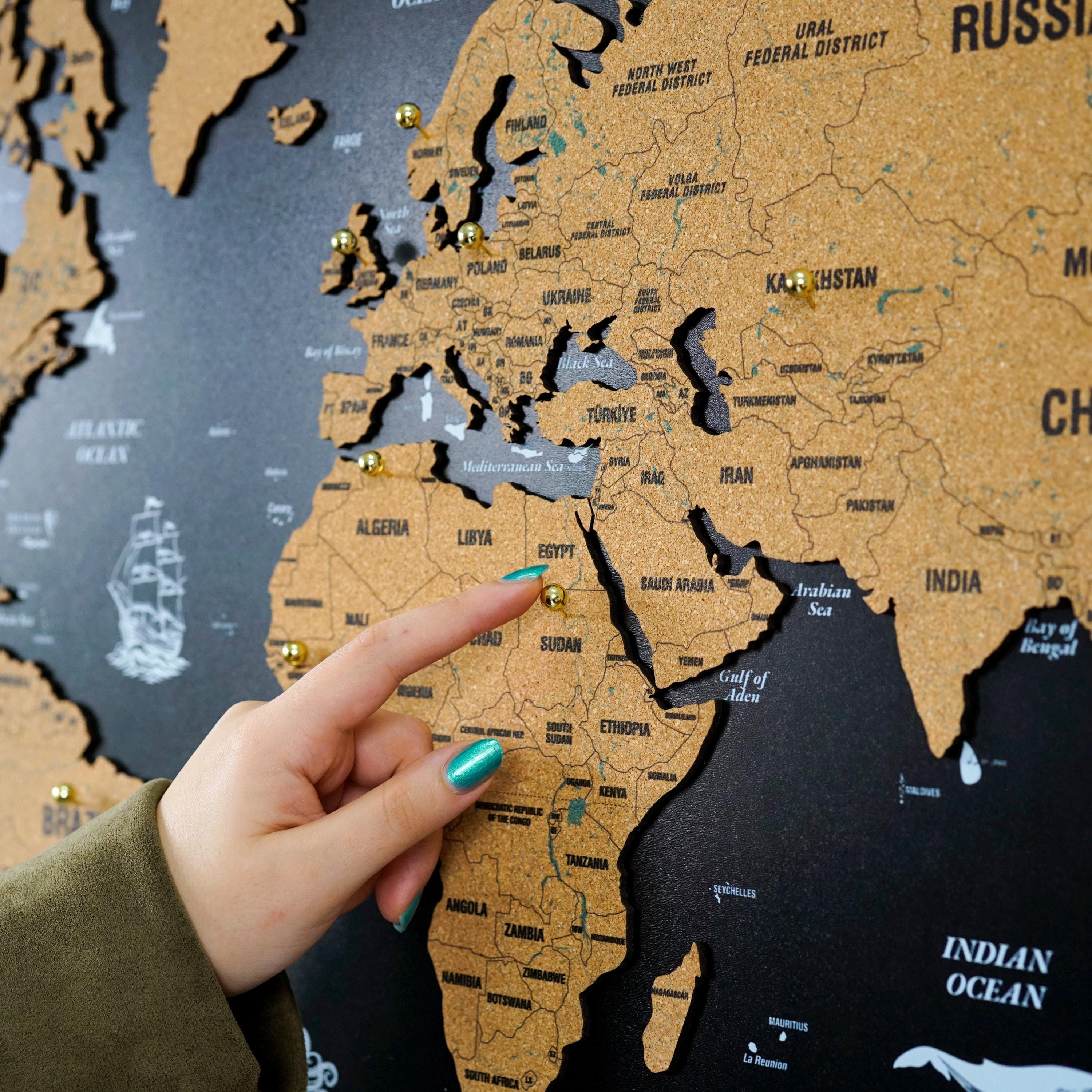 Wooden World Map Push Pin Travel Map Wall Art Cork Board Home Office ...