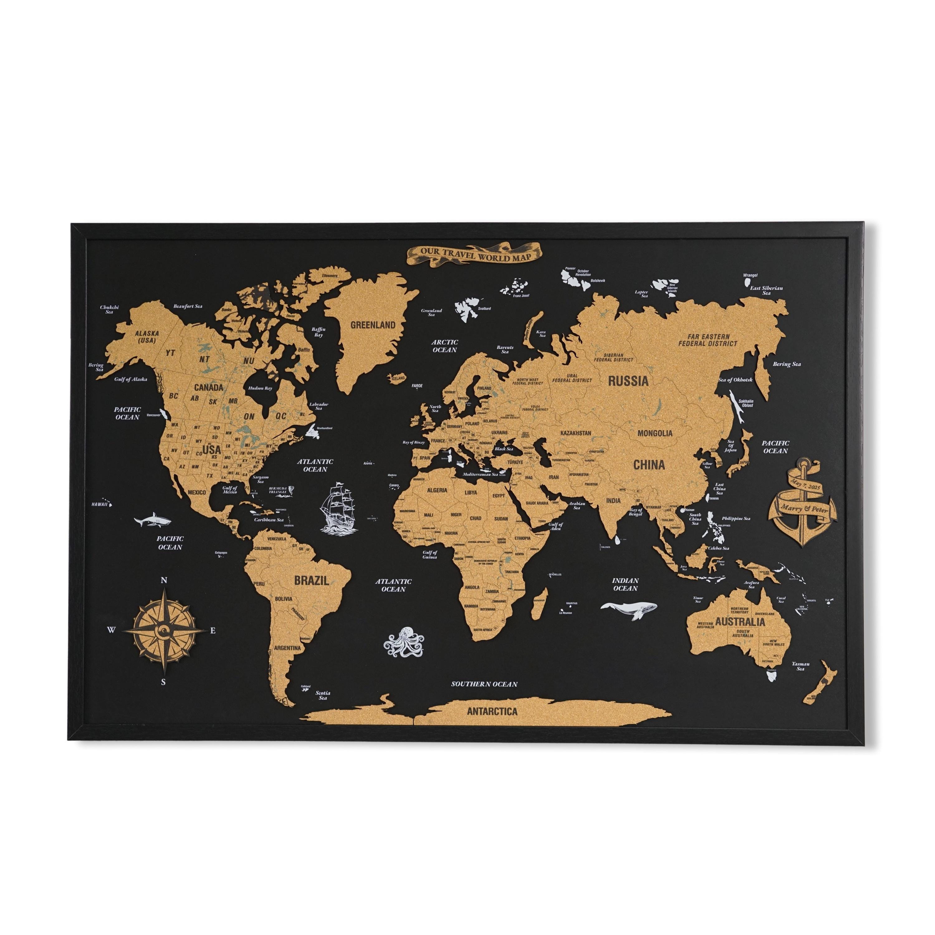 Wooden World Map Push Pin Travel Map Wall Art Cork Board Home Office ...