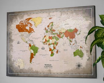 World Map Push Pin Canvas Wall Art, Rustic Home Office Decor, Valentine's Day Gifts