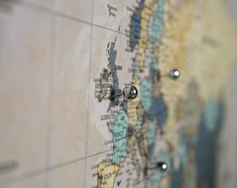 Vintage World Map Push Pin Canvas Wall Art, Home Office Decor, Travel Gift