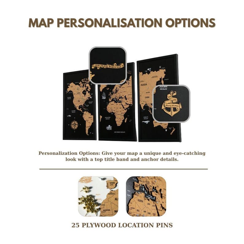 Wooden World Map Push Pin Travel Map Wall Art Cork Board Home Office ...