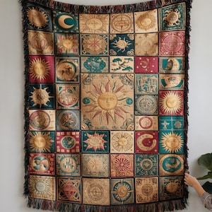 Cosmic Celestial Quilt Blanket Nostalgic Patchwork Tapestry Medieval Design Zodiac Sigil Sun Moons Crescent Embroidered Warm Rich Woven Thro