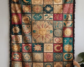 Couverture de couette céleste cosmique tapisserie patchwork nostalgique Design médiéval sceau du zodiaque croissant de lune soleil brodé riche tissé thro