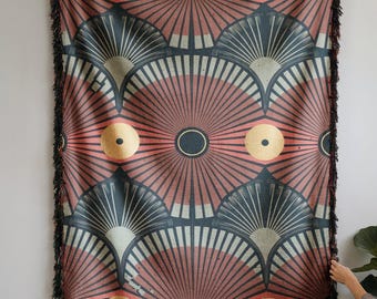 Deken Mid Century Modern Stralende lijnen Ronde accenten Middernachtblauw Koraal Goud Geweven Retro Woondecoratie Cadeau