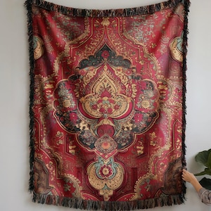 Vibrant Persian Pattern Inspired Woven Blanket Intricate Arabesque Paisley Motifs Crimson Gold Burgundy Turquoise Cream Tactile Throw Art