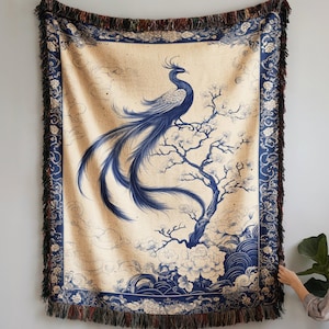 Blanket Elegant Phoenix Art Throw Cozy Feathered Bird Design Comforter Decorative Bedding Chinoiserie Toile de Jouy Gift for Mythology Lover