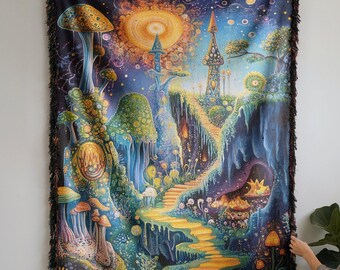 Couverture mystique champignon forêt fantastique jeter scène colorée de conte de fées art fantaisiste enchanteur décoration confortable cadeau fantaisie amant affichage à la maison