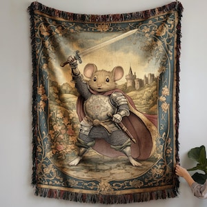 Blanket whimsical mouse knight throw fantasy animal art cute mouse armor medieval tapestry gift for fantasy lovers nursery bedroom display