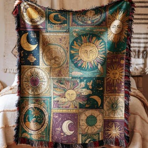 Ornate Celestial Patchwork Quilt Blanket Nostalgic Medieval Tapestry Cosmic Constellations Sigils Suns Moons Crescent Art Elegant Woven Thro
