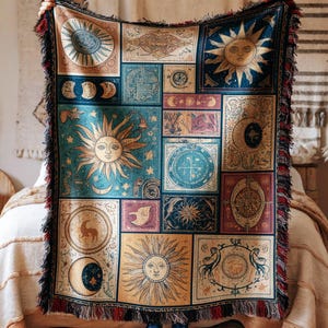 Celestial Patchwork Quilt Blanket Nostalgic Medieval Tapestry Cosmic Zodiac Sigils Suns Moons Alchemical Design Antique Woven Throw
