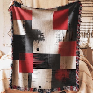 Throw Blanket Modern Abstract Geometric Bold Red Black Design Cozy Warm Contemporary Geometric Art Decor Home Living Room Gift Idea