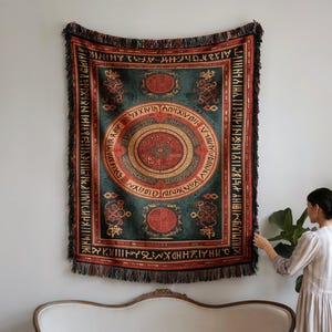 Armenian Kilim Inspired Tapestry Blanket Ancient Letters Medallion Medieval Border Ornaments Red Dark Gold Cobalt Blue Cultural Decor