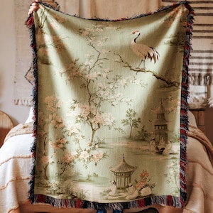 Blanket Elegant Asian Crane Throw Soft Floral Cozy Green Nature Scene Pagoda Design Chinoiserie Gift Nature Lovers Bed Exceptional