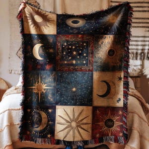 Decke Himmlisch Vintage Stern Mond Boho Astrologie Sonne Mond Tapisserie mystisches Dekor für Haus Schlafzimmer Wohnzimmer Geschenkidee