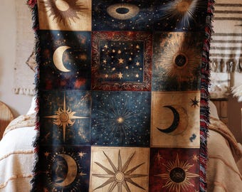 Decke Himmlisch Vintage Stern Mond Boho Astrologie Sonne Mond Tapisserie mystisches Dekor für Haus Schlafzimmer Wohnzimmer Geschenkidee