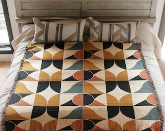 Coperta da tiro Mid Century Geometrica Senape Giallo Verde Acqua Arancione Bruciato Cerchi Triangoli Rettangoli Tessuto Arredamento Retro per la casa