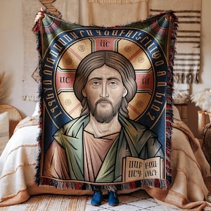 Decke mit Jesus-Christus-Mosaikporträt, religiöse, christlich-katholisch-orthodoxe Kunst, kuschelige, luxuriöse Webdecke, sakrale Heimdekoration, Geschenk für Gläubige