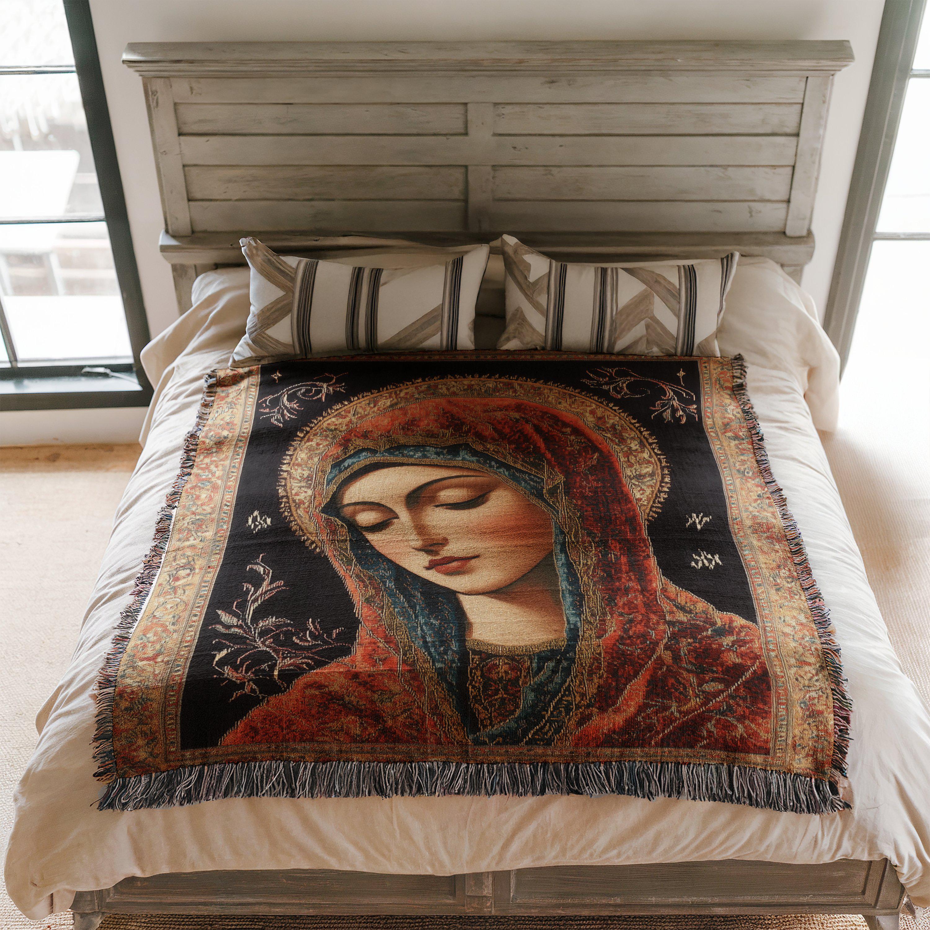 Blanket luxurious Virgin Mary throw cozy elegant art print decor gift for religious lovers unique living room bedroom display art