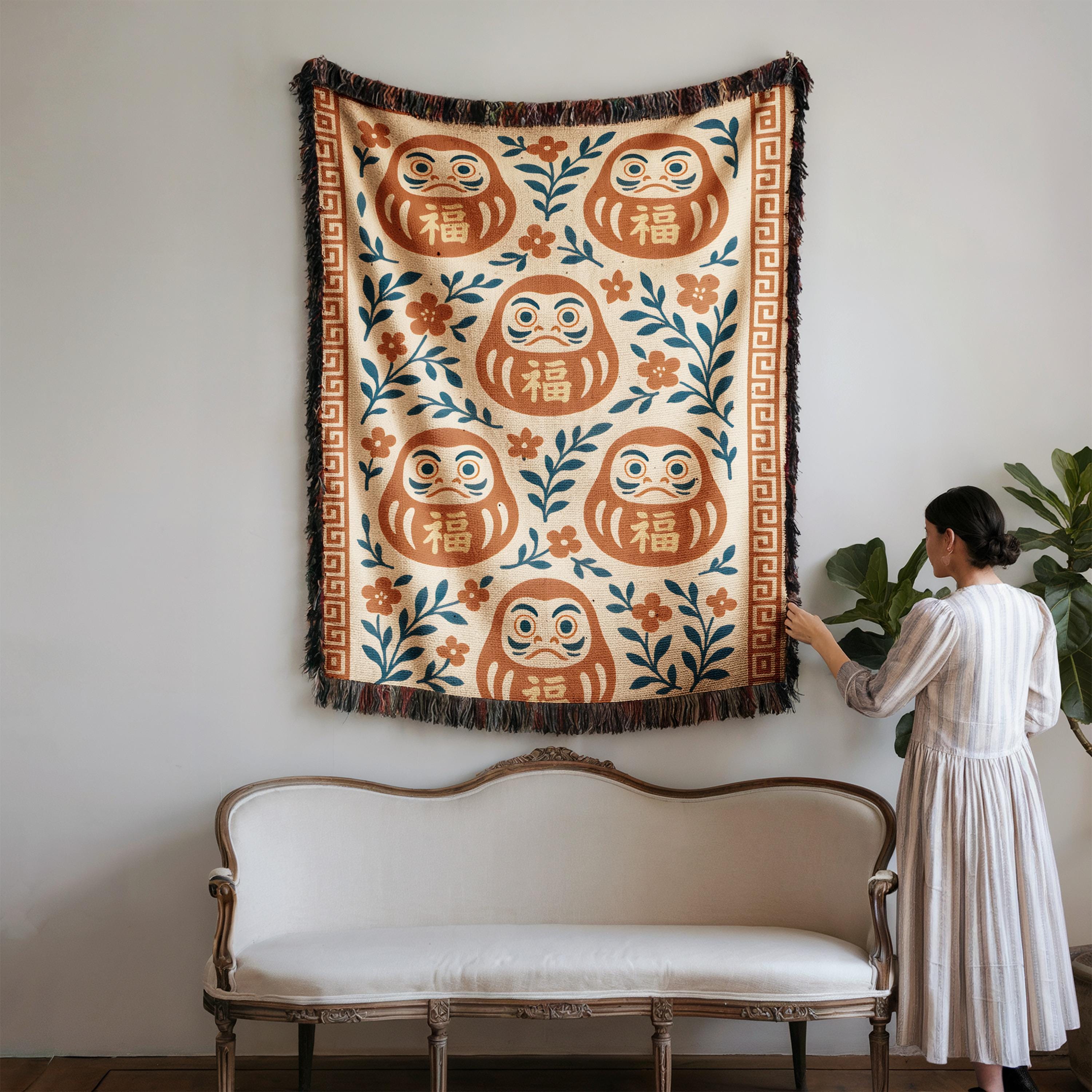アート達磨 USA製バンダナ フレイム柄 パッチワーク DARUMA Blanket Daruma Doll Japanese Good Luck Floral Pattern Cozy Woven